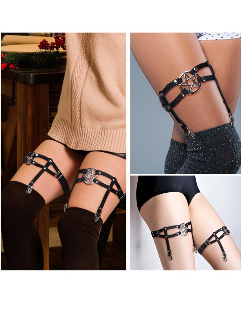 Y&D - Women Adjustable Leather Thigh Garter, 2Pcs Star Shaped Leg Garter with Clips Punk Goth Garters for Thigh-high Socks - Image 1