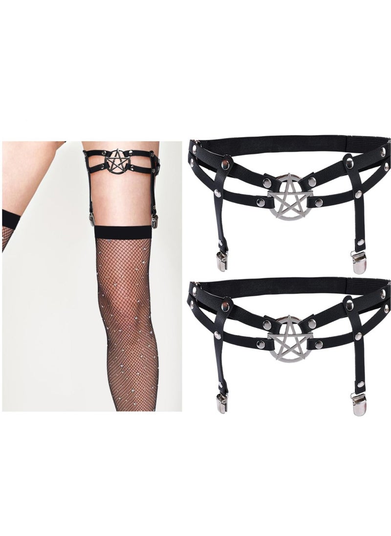 Y&D - Women Adjustable Leather Thigh Garter, 2Pcs Star Shaped Leg Garter with Clips Punk Goth Garters for Thigh-high Socks - Image 1