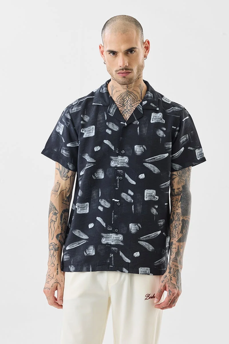 سنيتش Black Abstract Half Sleeve Boxy Shirt
