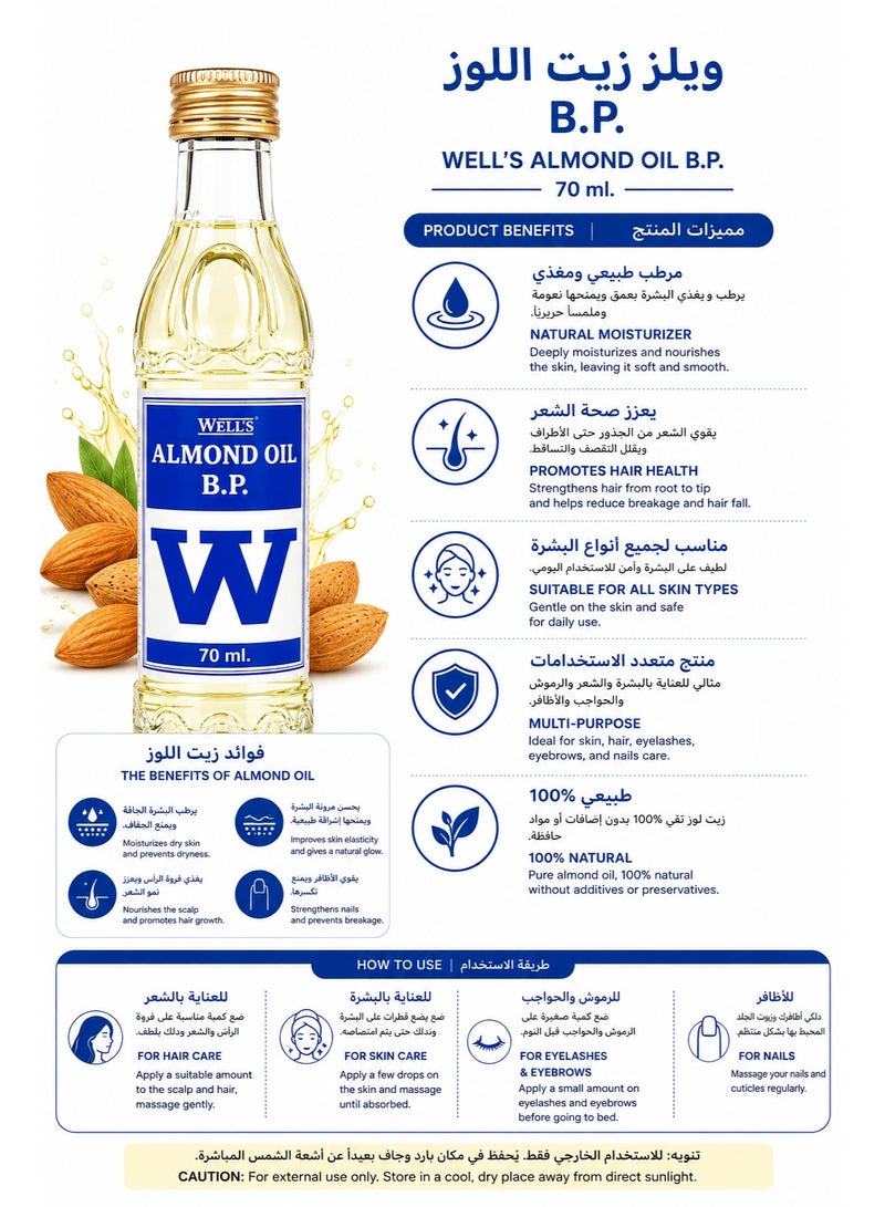 Wells Almond Oil B.P. Pure Natural Moisturizing Oil for Hair, Skin & Nails, 70ml - Image 2