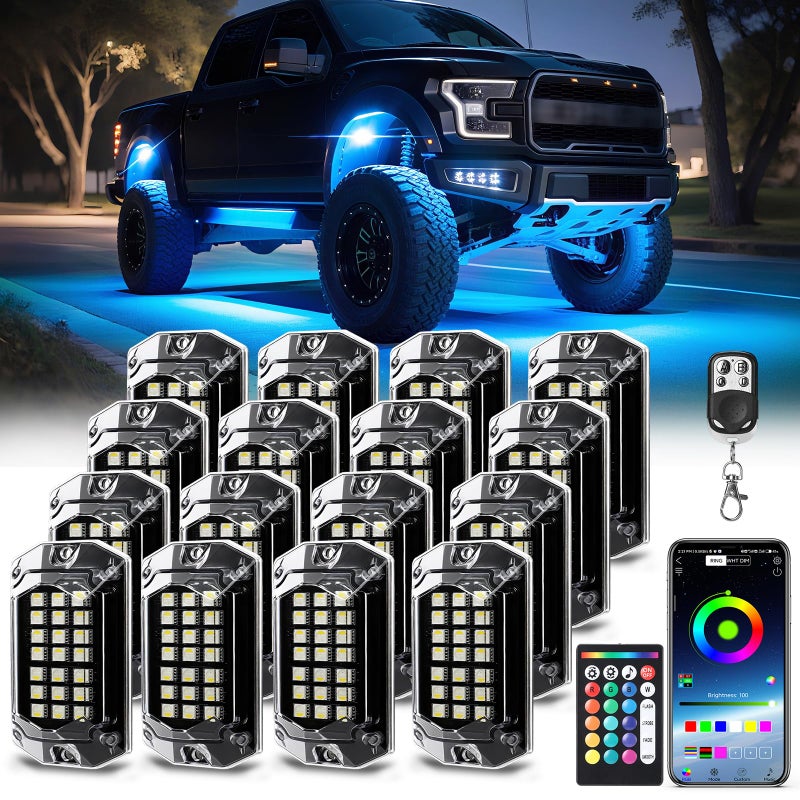 TDE Explorer.Lighting 16 Pods Full Angle RGBW LED Rock Lights, 6500K Pure White RGB Rock Light for Truck Jeeps Pickup Offroad Golf Cart Boat RV UTV Underbody, 12V Waterproof Neon Underglow Kit with APP/RF Remote Sync Music - Image 1