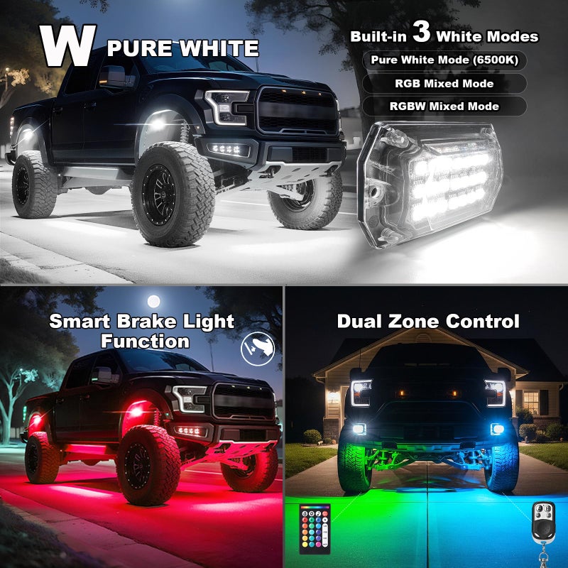 TDE Explorer.Lighting 16 Pods Full Angle RGBW LED Rock Lights, 6500K Pure White RGB Rock Light for Truck Jeeps Pickup Offroad Golf Cart Boat RV UTV Underbody, 12V Waterproof Neon Underglow Kit with APP/RF Remote Sync Music - Image 3
