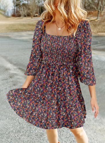 Dokotoo Dresses for Women 2025 Casual Elegant Boho Resort Wear Floral Square Neck Long Sleeve Smocked Elastic Waist Mini Cute Tunic Sun Short Dress Beach Vacation Outfit Clothes Sundress Blue Medium - Image 3