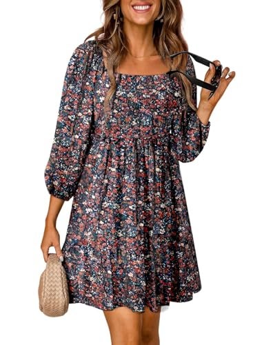 Dokotoo Dresses for Women 2025 Casual Elegant Boho Resort Wear Floral Square Neck Long Sleeve Smocked Elastic Waist Mini Cute Tunic Sun Short Dress Beach Vacation Outfit Clothes Sundress Blue Medium - Image 1