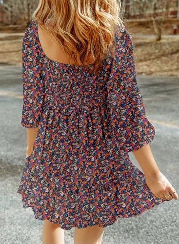 Dokotoo Dresses for Women 2025 Casual Elegant Boho Resort Wear Floral Square Neck Long Sleeve Smocked Elastic Waist Mini Cute Tunic Sun Short Dress Beach Vacation Outfit Clothes Sundress Blue Medium - Image 2
