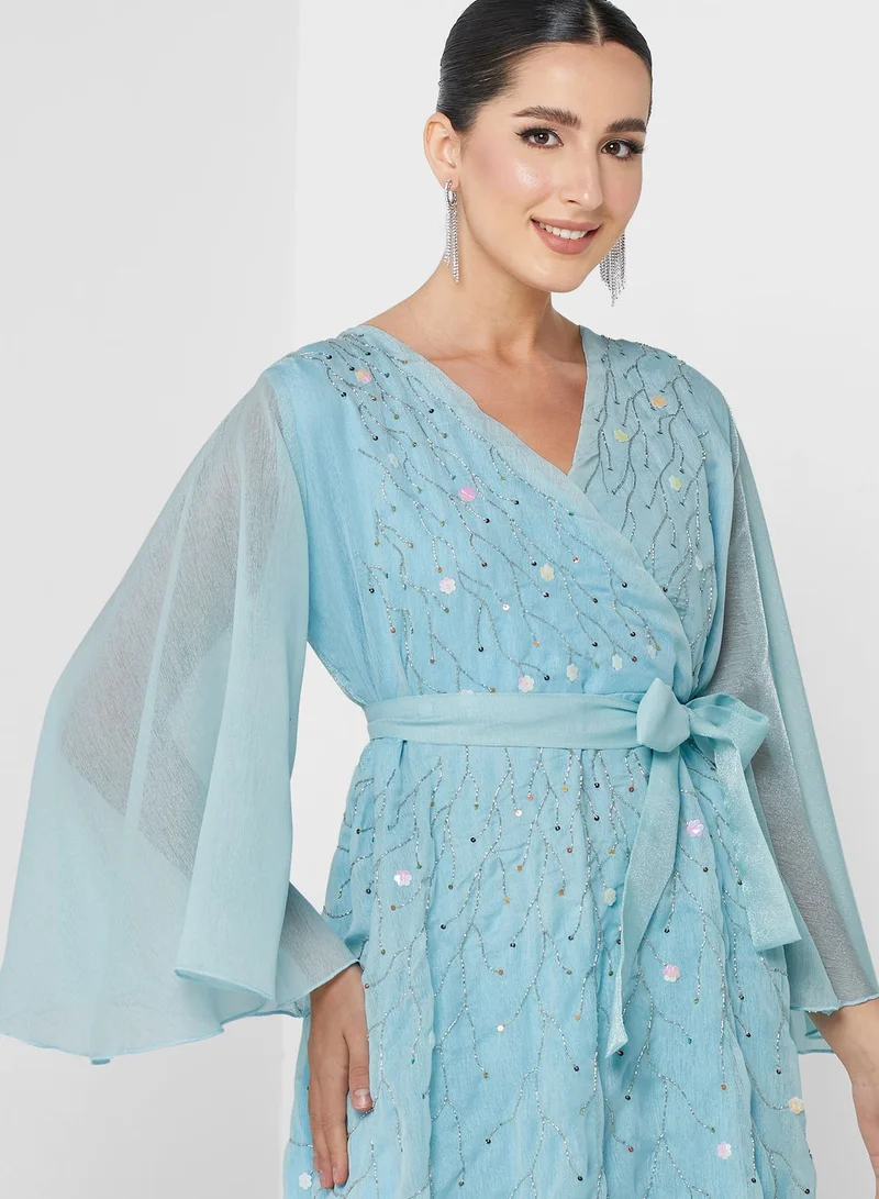 hayas closet Surplice Neck Flute Sleeve Embellished Dress