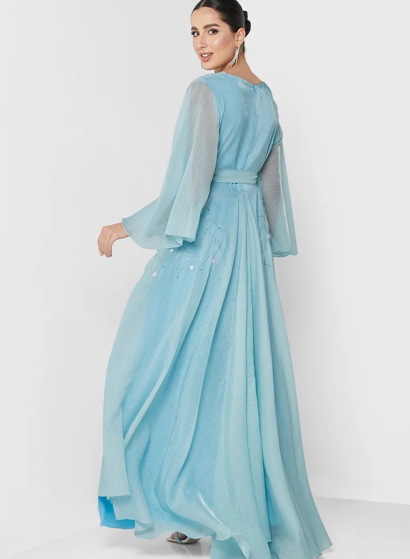 hayas closet Surplice Neck Flute Sleeve Embellished Dress