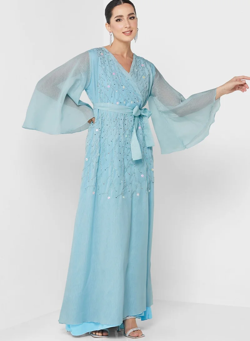 hayas closet Surplice Neck Flute Sleeve Embellished Dress