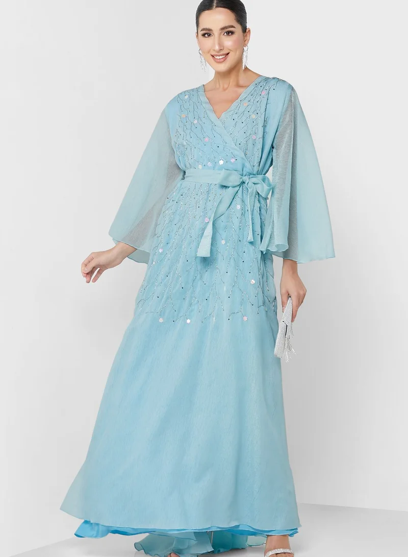 hayas closet Surplice Neck Flute Sleeve Embellished Dress