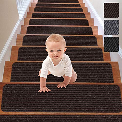 RIOLAND Stair Treads Carpet Non-Slip Indoor Stair Runners for Wooden Steps, Stair Rugs for Kids and Dogs, Set of 15, 8" X 30", Brown - Image 1