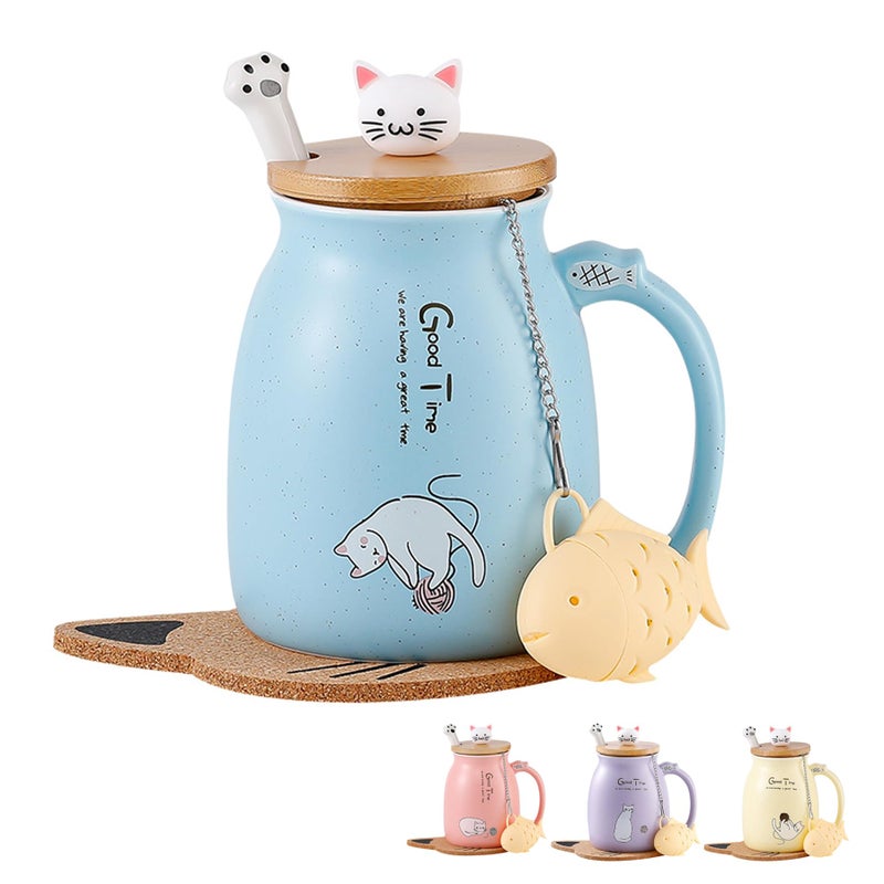 Cat Mug Cute Ceramic Coffee Cup with Lovely Kitty lid Stainless Steel SpoonNovelty Morning Cup Coffee Mug Japanese Tea Cups Japanese Gifts Christmas Birthday Gifts for Women Cat Lovers Presents