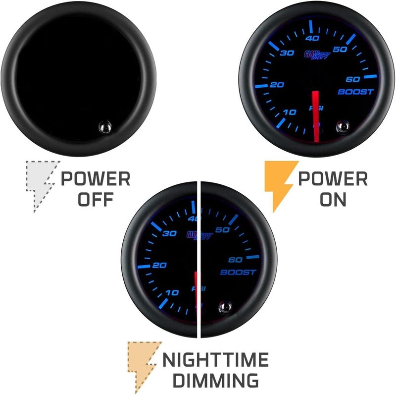 GlowShift Tinted 7 Color 60 PSI Turbo Boost Gauge Kit - Includes Mechanical Hose & Fittings - Black Dial - Smoked Lens - For Diesel Trucks - 2-1/16" 52mm - Image 5