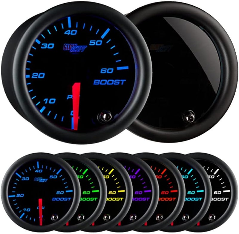 GlowShift Tinted 7 Color 60 PSI Turbo Boost Gauge Kit - Includes Mechanical Hose & Fittings - Black Dial - Smoked Lens - For Diesel Trucks - 2-1/16" 52mm - Image 1