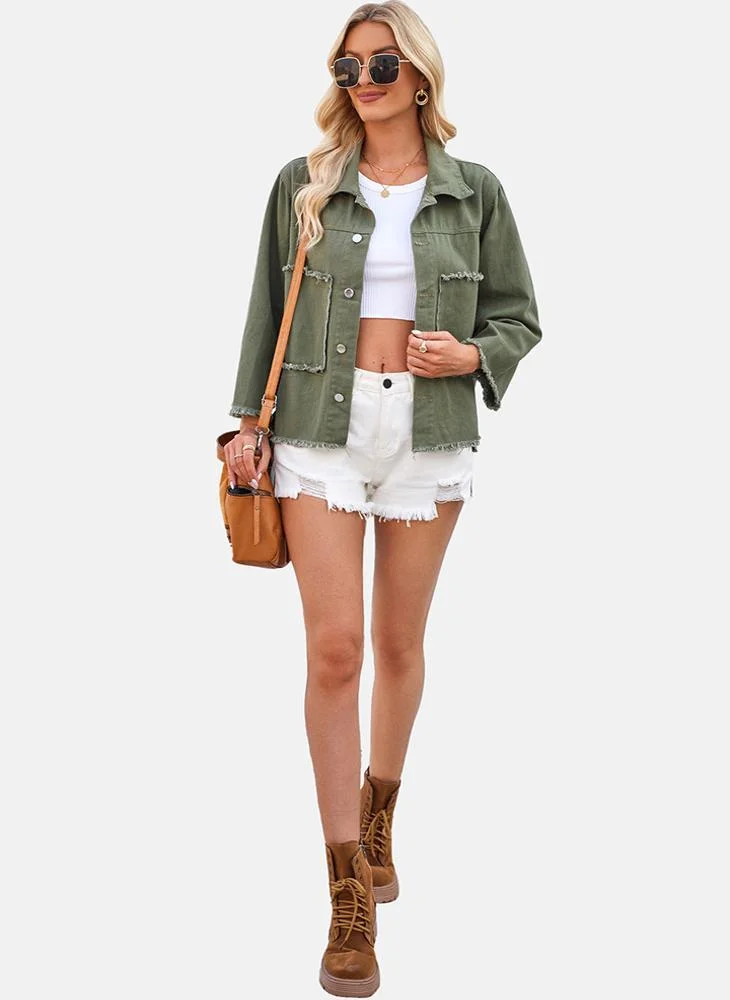 YUNIQEE Green Plain Regular Fit Long Sleeve Denim Jacket