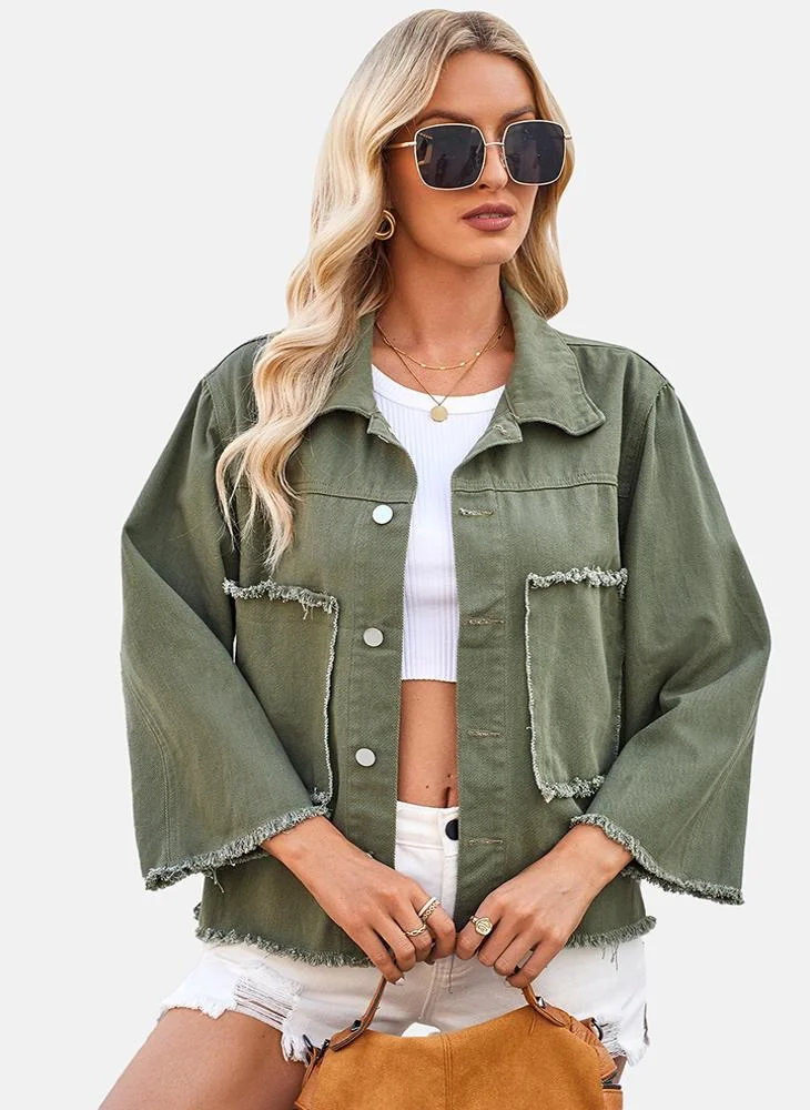 YUNIQEE Green Plain Regular Fit Long Sleeve Denim Jacket