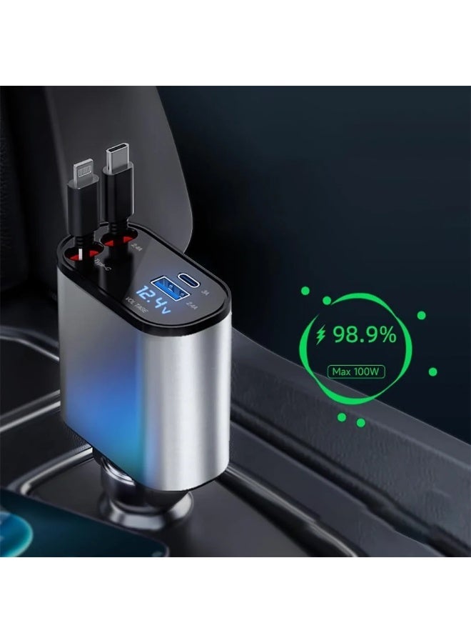 سناب شاحن سيارة سريع 120 واط بكابلات قابلة للسحب لايتنينغ وتايب سي – 4 منافذ USB/Type-C مع شاشة رقمية ودعم الشحن السريع - Image 5