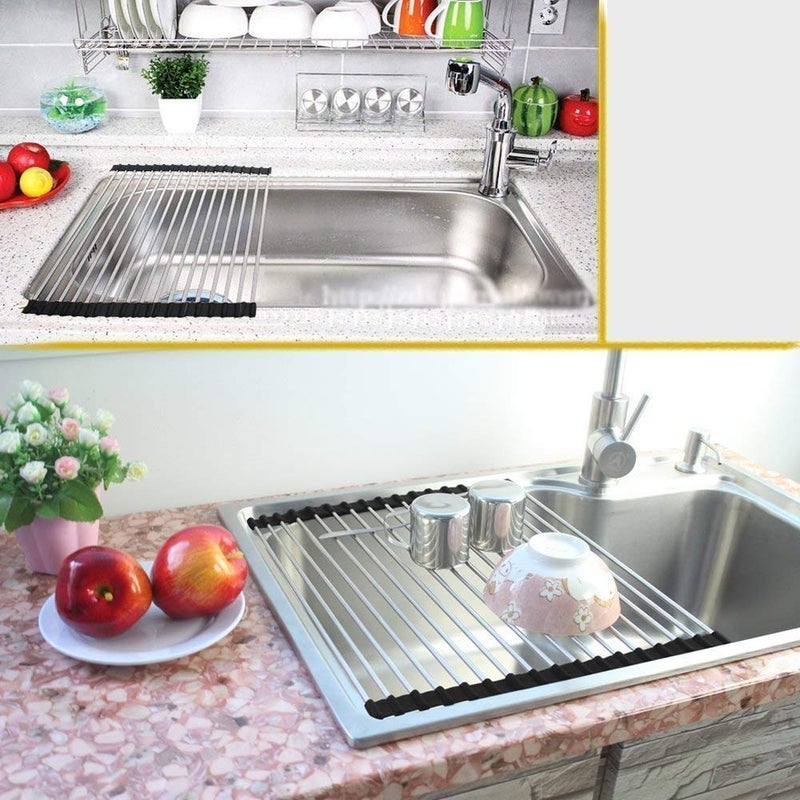 DONDA Large Roll-up Dish Drying Rack Over Kitchen Sink | Stainless Steel, Foldable Organizer | Dish, Utensils Drainer, Dryer Mat for Fruits & Vegetables | Kitchen Organizer (465 x 460 mm) - Image 2