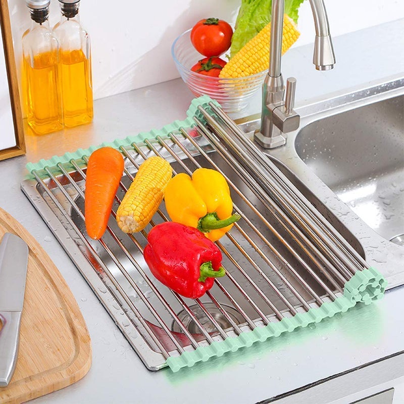 DONDA Large Roll-up Dish Drying Rack Over Kitchen Sink | Stainless Steel, Foldable Organizer | Dish, Utensils Drainer, Dryer Mat for Fruits & Vegetables | Kitchen Organizer (465 x 460 mm) - Image 1