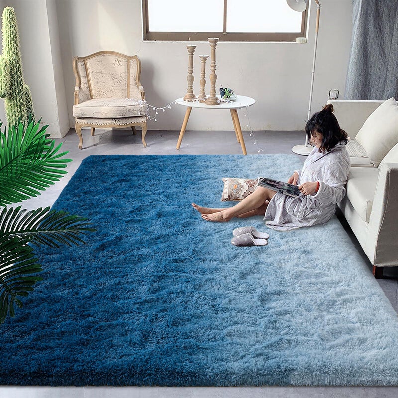 DweIke Luxury Fluffy Kids Rugs for Living Room Bedroom, 4x6 Feet Shaggy Gradient Navy Blue Area Rug for Girls Boys, Upgrade Plush Non-Slip and Washable Colorful Fuzzy Carpet for Dorm Nursery Decor - Image 1