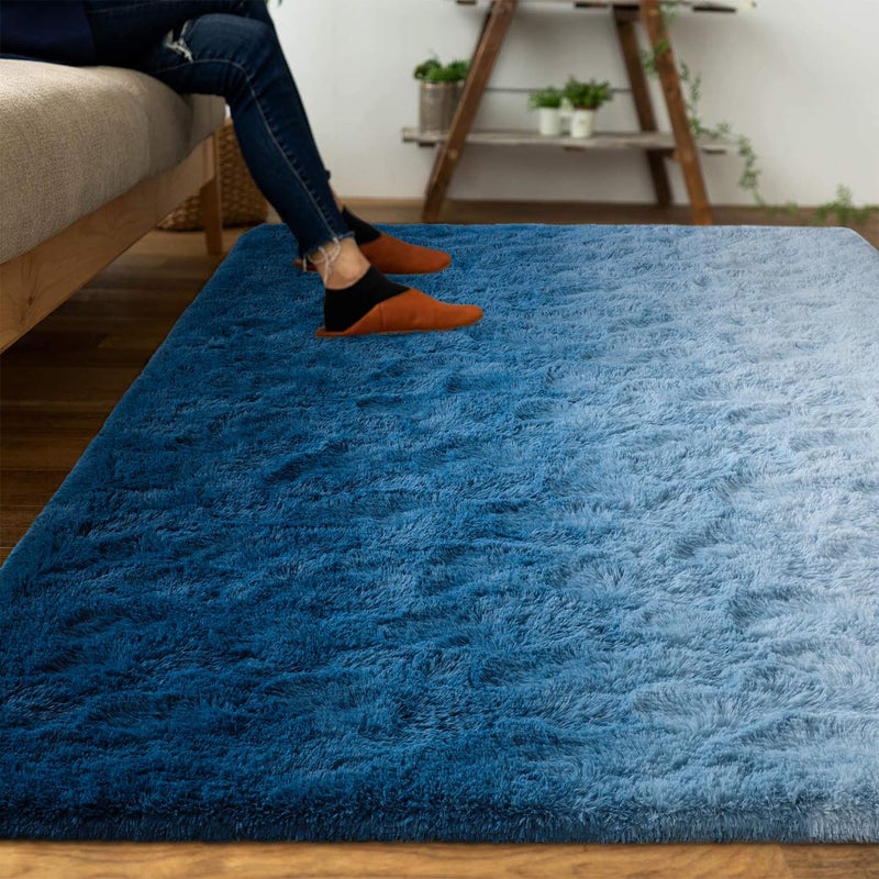 DweIke Luxury Fluffy Kids Rugs for Living Room Bedroom, 4x6 Feet Shaggy Gradient Navy Blue Area Rug for Girls Boys, Upgrade Plush Non-Slip and Washable Colorful Fuzzy Carpet for Dorm Nursery Decor - Image 4