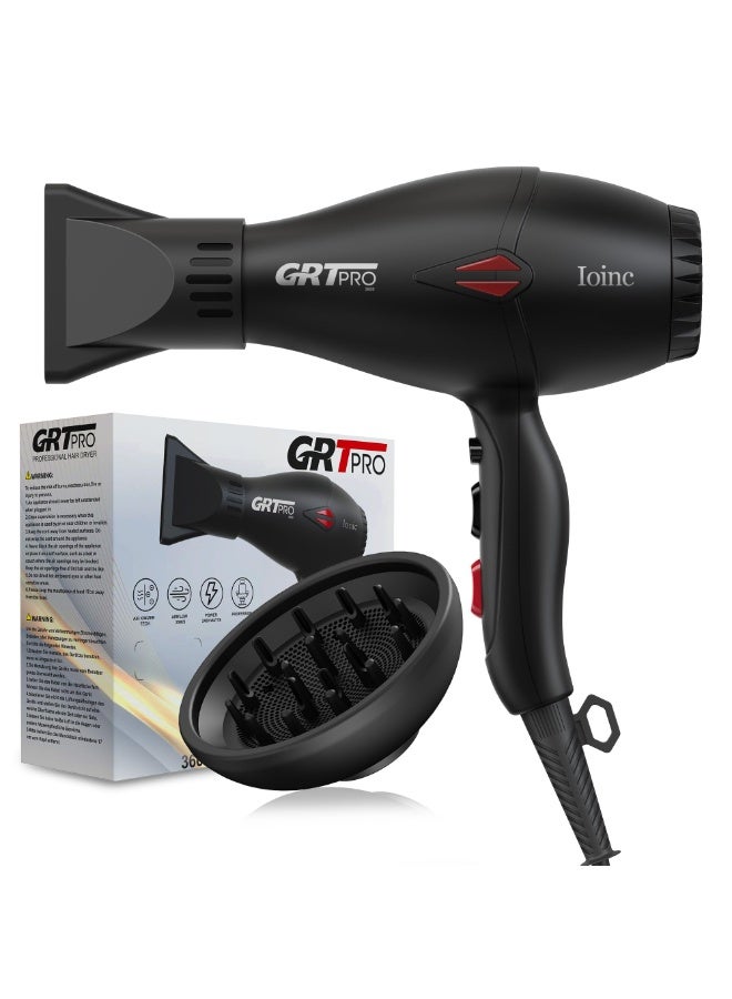 GRT PRO Professional Hair Dryer 2400W Ionic Hairdryer AC Motor 40 Million Negative Ions with 1 Diffuser & 1 Nozzle Accessories, Overheating Protection 2 Speeds 3 Heat Settings for Women Men Home Salon - Image 1