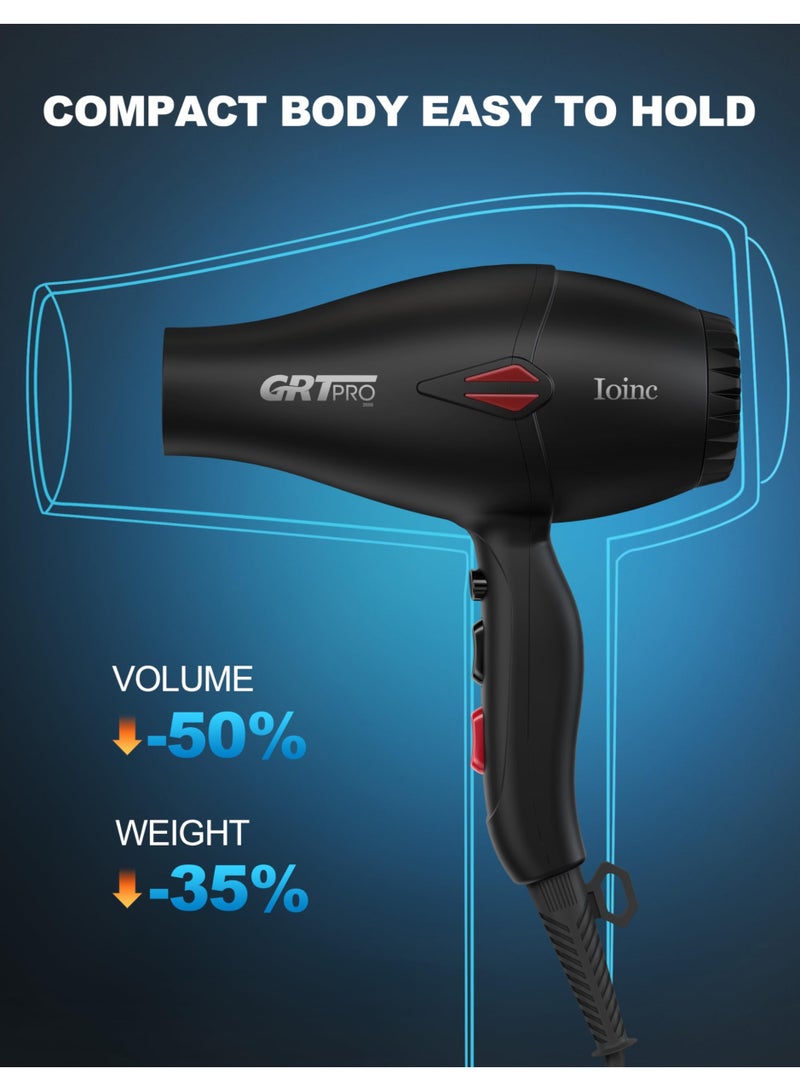 GRT PRO Professional Hair Dryer 2400W Ionic Hairdryer AC Motor 40 Million Negative Ions with 1 Diffuser & 1 Nozzle Accessories, Overheating Protection 2 Speeds 3 Heat Settings for Women Men Home Salon - Image 3