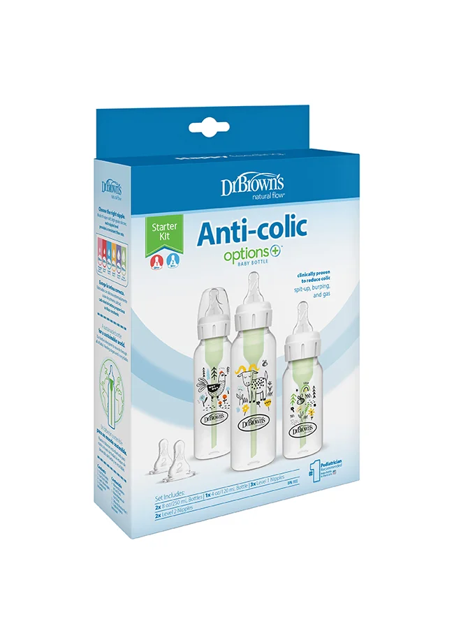 دكتور براونز PP Narrow Anti-Colic Options+ Baby Bottle Starter Kit w/ Designs  (1x120 & 2x250 mL bottles, 2xL2 nipples, 1 cleaning brush)