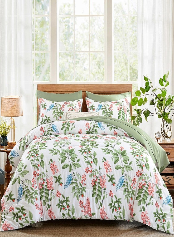 Cottolester Green Comforter Set Queen Size Floral 7-Piece Bedding Set,Botanical Comforter Set with Pillowcases,Soft Microfiber Complete Bedding Sets for All Season - Image 2