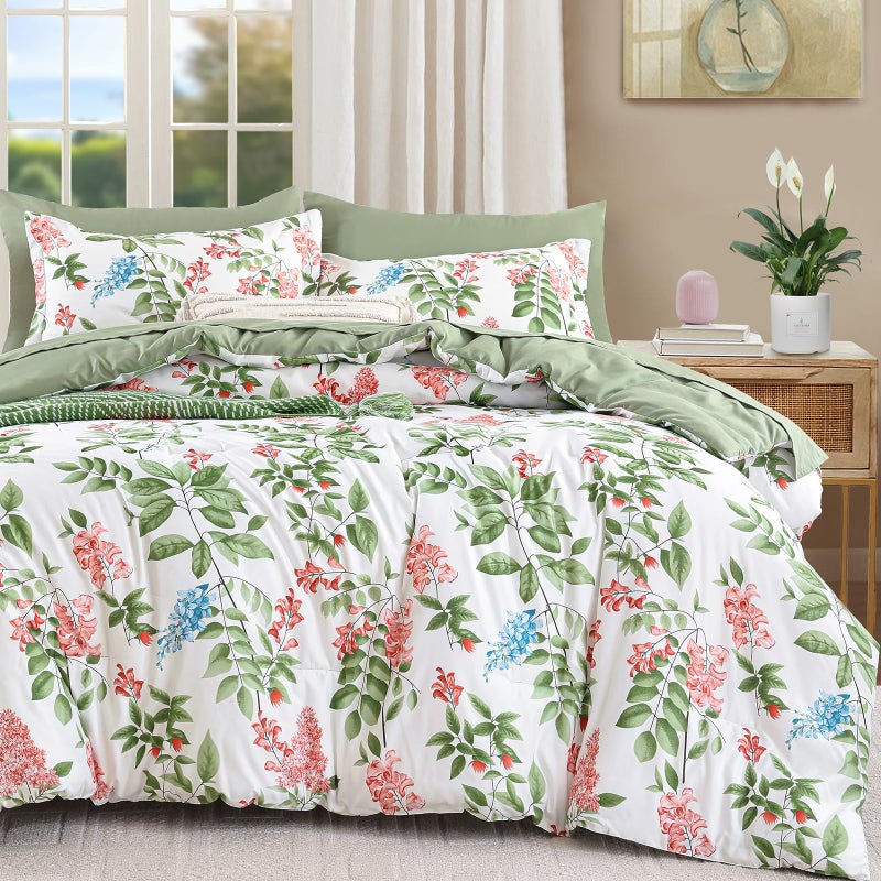 Cottolester Green Comforter Set Queen Size Floral 7-Piece Bedding Set,Botanical Comforter Set with Pillowcases,Soft Microfiber Complete Bedding Sets for All Season - Image 1