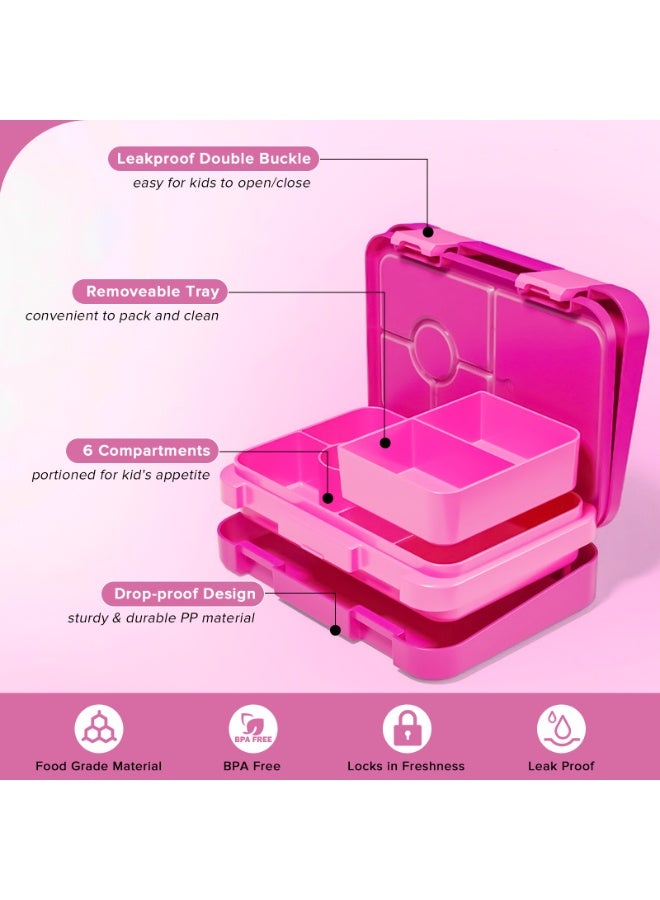Yakiter Bento Box Lunch Box, 810ML Bento Box for Kids Children with 6 Compartments Cutlery Set, Leak Proof Lunch Box for Kids Adults, Snack Box for School Kindergarten,Nursery, Office（Rose red）  - Image 2
