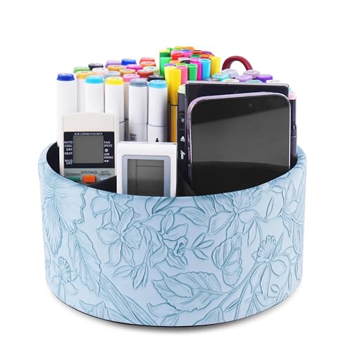 Hennaja Remote Control Holder, 360°Spinning PU Leather Desk TV Remote Caddy,Desk Storage Box Room Accessories for Controller, Media,Mail,Calculator, Mobile Phone,Pencil(1-Carved Blue) - Image 1