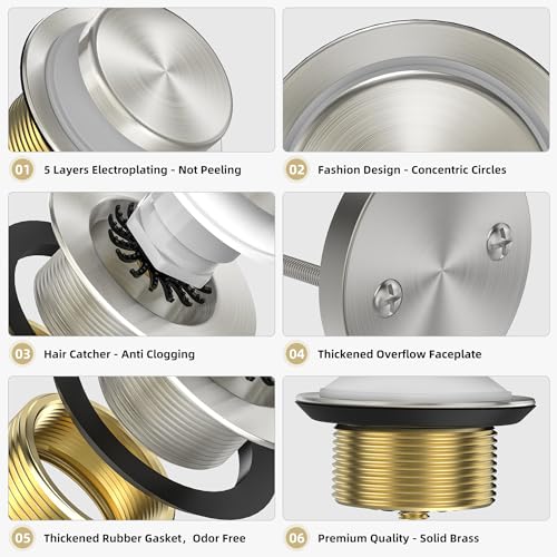 Sogmeter Brushed Nickel Tub Drain Kit with Hair Catcher, Premium Brass Tip-Toe Bathroom Tub Drain Replacement and 2-Hole Overflow Faceplate, 11.5/16 UNC Bathtub Drain Stopper Assembly - Image 2
