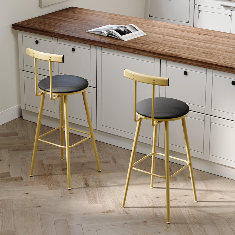 IRCPEN Bar Stools, Set of 2 High Kitchen Barstools, Bar Chairs with Backrest and Footrest, Industrial Counter Stools with PU Soft seat, for Kitchen, Living Room, Pub, Gold Color BS-012GC - Image 2