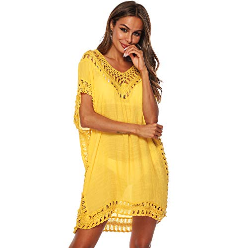 SIAEAMRG Swimsuit Cover Ups for Women, V Neck Hollow Out Swim Coverup Crochet Chiffon Summer Beach Dress (Yellow, One-Size) - Image 4