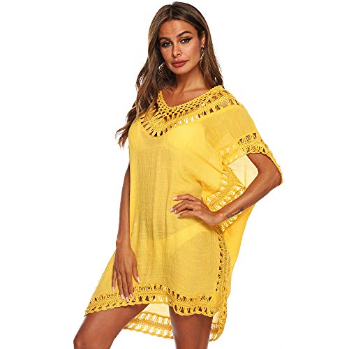 SIAEAMRG Swimsuit Cover Ups for Women, V Neck Hollow Out Swim Coverup Crochet Chiffon Summer Beach Dress (Yellow, One-Size) - Image 3