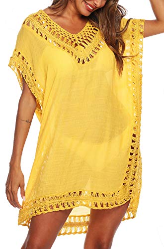 SIAEAMRG Swimsuit Cover Ups for Women, V Neck Hollow Out Swim Coverup Crochet Chiffon Summer Beach Dress (Yellow, One-Size) - Image 1