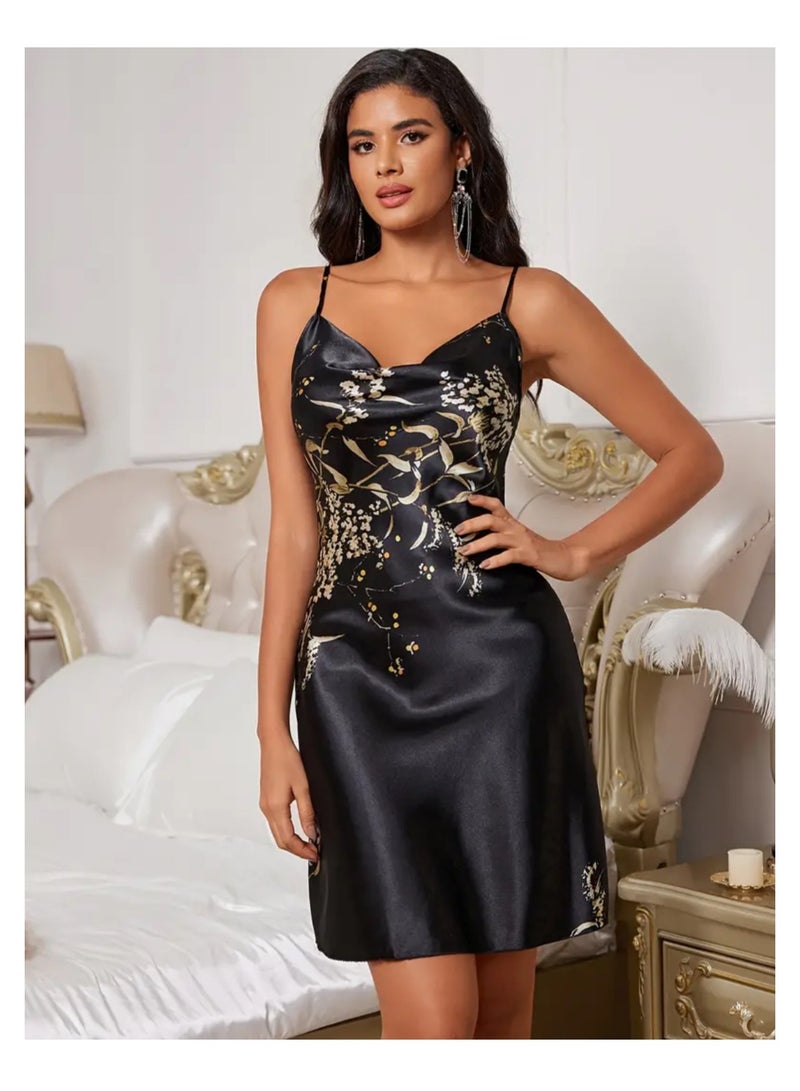 Night Gown for Women Floral Print Elegant Satin Sleepwear Night Dress for Ladies - Image 1