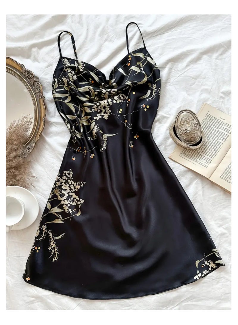 Night Gown for Women Floral Print Elegant Satin Sleepwear Night Dress for Ladies - Image 2