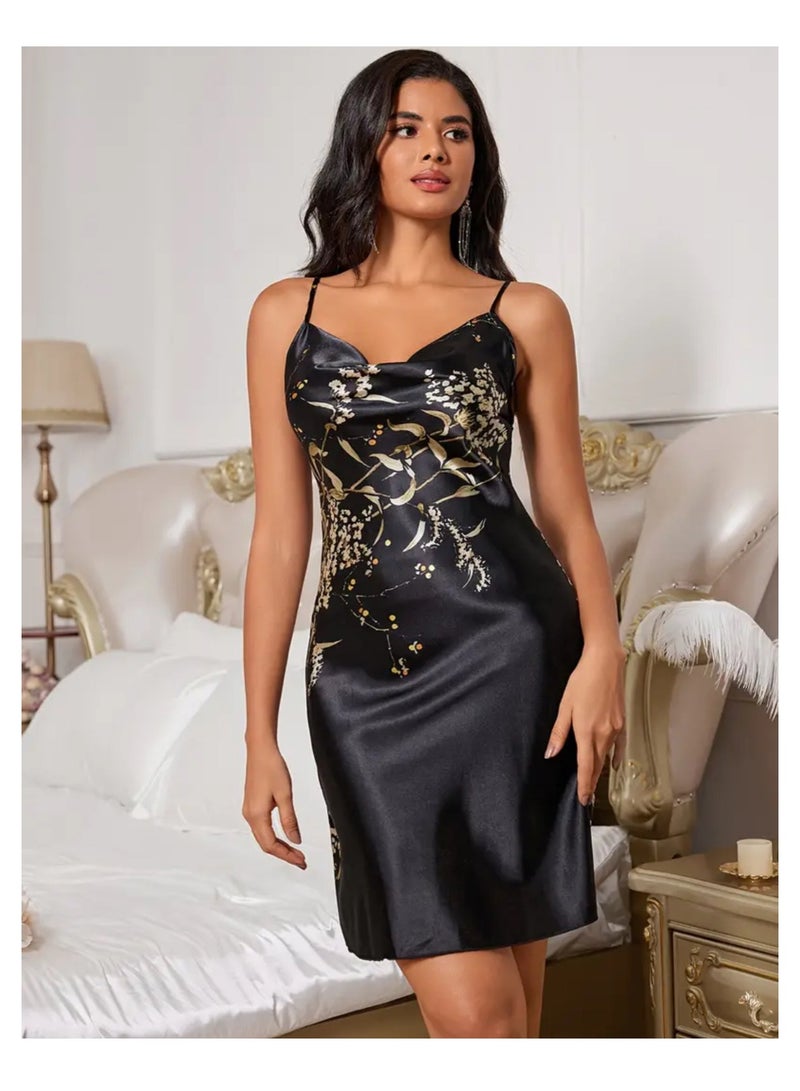 Night Gown for Women Floral Print Elegant Satin Sleepwear Night Dress for Ladies - Image 3