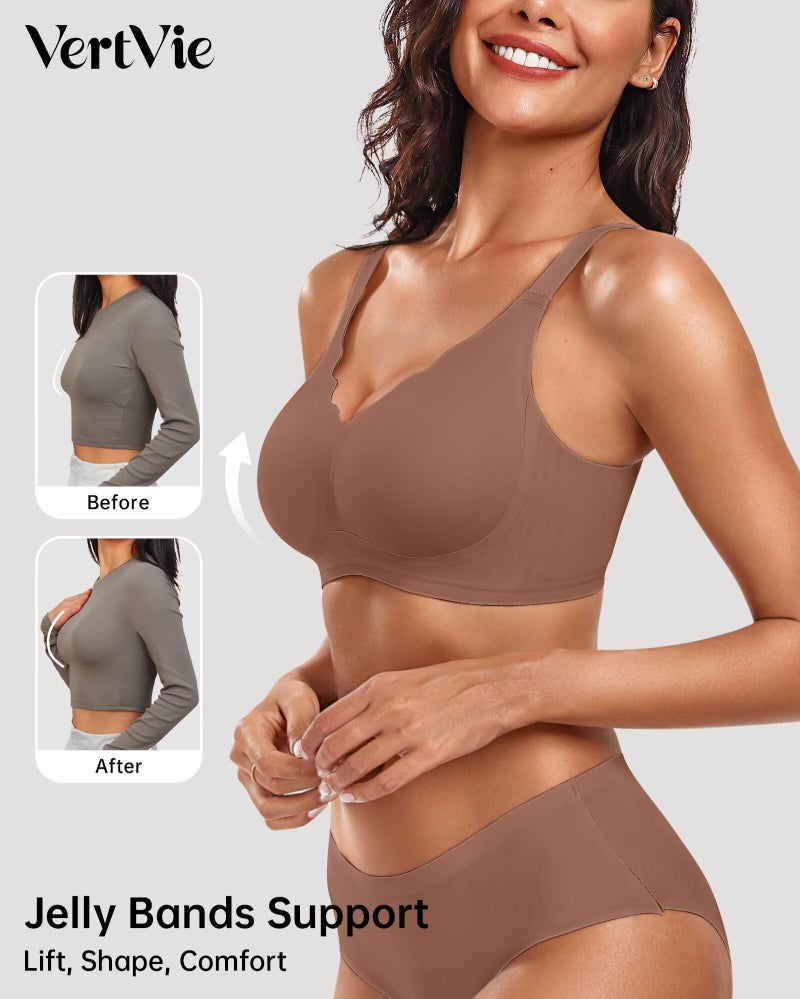 Vertvie Women's Seamless Bras No Underwire Scalloped Push Up Bras Soft Wireless Comfort Bralettes Full Coverage Everyday Bra (Coffee,Medium) - Image 2
