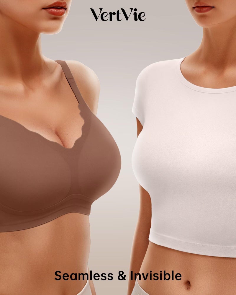 Vertvie Women's Seamless Bras No Underwire Scalloped Push Up Bras Soft Wireless Comfort Bralettes Full Coverage Everyday Bra (Coffee,Medium) - Image 4