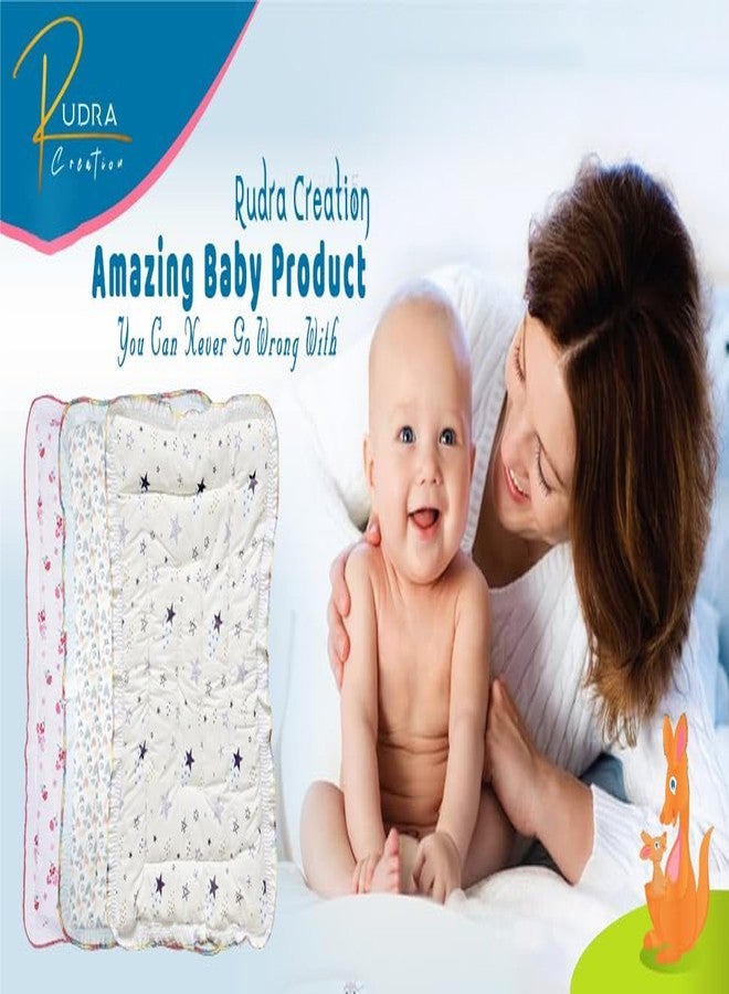 Rudra Creation Cotton Baby Bedding Set with Floral Print, Quilted Mat with Ruffled Border, White and Blue - Image 2