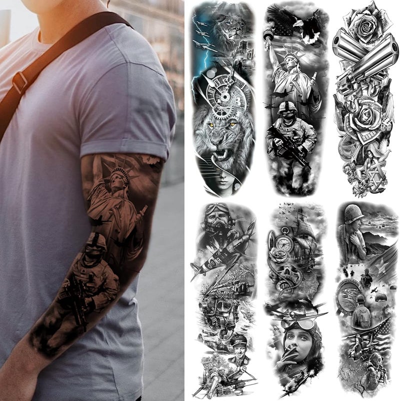 Briyhose Chemical free Military Temporary Tattoo Sleeves, Full Arm Large War Soldier Fake Tattoos Sleeve For Men Women Adult, Black Long Lasting Patriotic Warrior Temp Tatoo Sticker Leg Body Art Makeup, 6-Sheet Budget global standard quality - Image 1