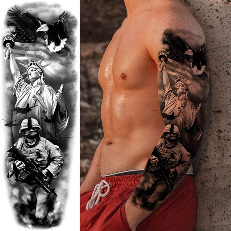 Briyhose Chemical free Military Temporary Tattoo Sleeves, Full Arm Large War Soldier Fake Tattoos Sleeve For Men Women Adult, Black Long Lasting Patriotic Warrior Temp Tatoo Sticker Leg Body Art Makeup, 6-Sheet Budget global standard quality - Image 3