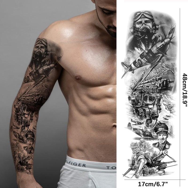 Briyhose Chemical free Military Temporary Tattoo Sleeves, Full Arm Large War Soldier Fake Tattoos Sleeve For Men Women Adult, Black Long Lasting Patriotic Warrior Temp Tatoo Sticker Leg Body Art Makeup, 6-Sheet Budget global standard quality - Image 5