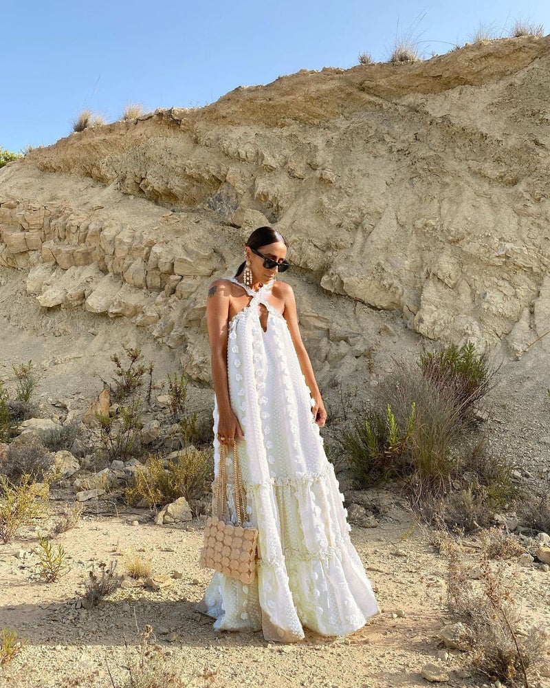 Fashionable Halter Neck 3D Flower Printed Long Dress Egg Cake Dress Cross-Border WT02 European And American Style For Special Oc White 