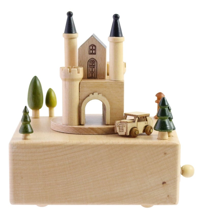 Delightful Quality Wooden Musical Box Featuring European Castle with Small Moving Magnetic Car  Plays Castle In The Sky Song