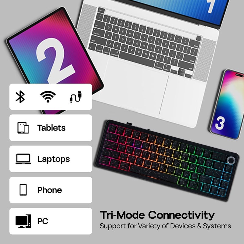 EPOMAKER X AULA F65 PRO Wireless Mechanical Gaming Keyboard, Hot-Swap, 5-Layer Padding, Creamy Gasket, Knob and Shine-Through PBT Keycap, RGB, BT/2.4GHz/USB-C (Black Topographic, Ice Crystal Switch) - Image 3