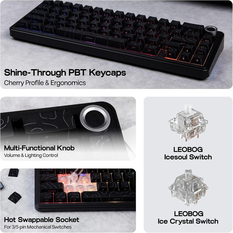 EPOMAKER X AULA F65 PRO Wireless Mechanical Gaming Keyboard, Hot-Swap, 5-Layer Padding, Creamy Gasket, Knob and Shine-Through PBT Keycap, RGB, BT/2.4GHz/USB-C (Black Topographic, Ice Crystal Switch) - Image 4