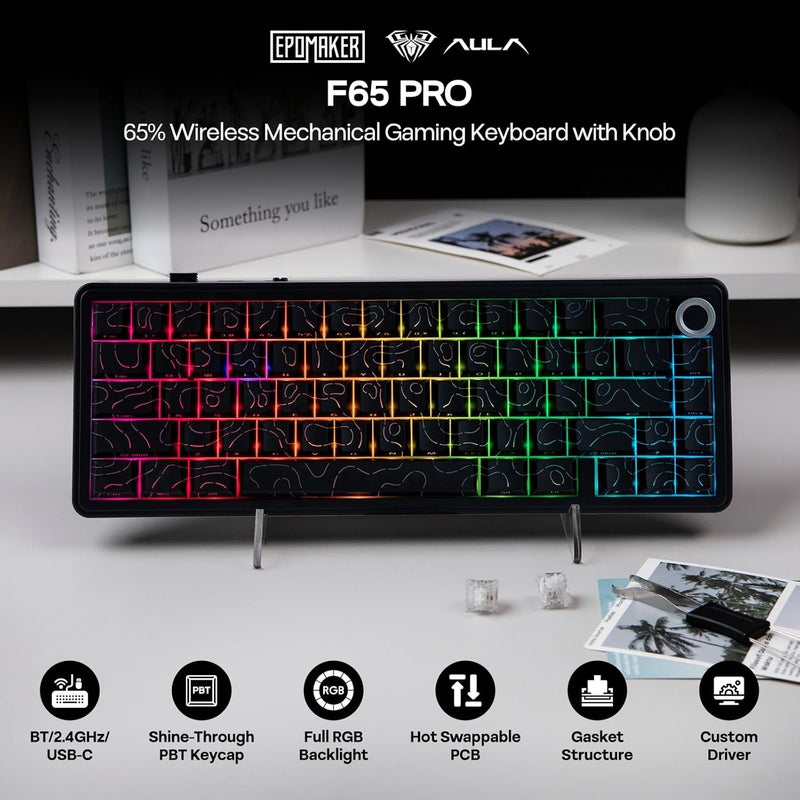 EPOMAKER X AULA F65 PRO Wireless Mechanical Gaming Keyboard, Hot-Swap, 5-Layer Padding, Creamy Gasket, Knob and Shine-Through PBT Keycap, RGB, BT/2.4GHz/USB-C (Black Topographic, Ice Crystal Switch) - Image 2